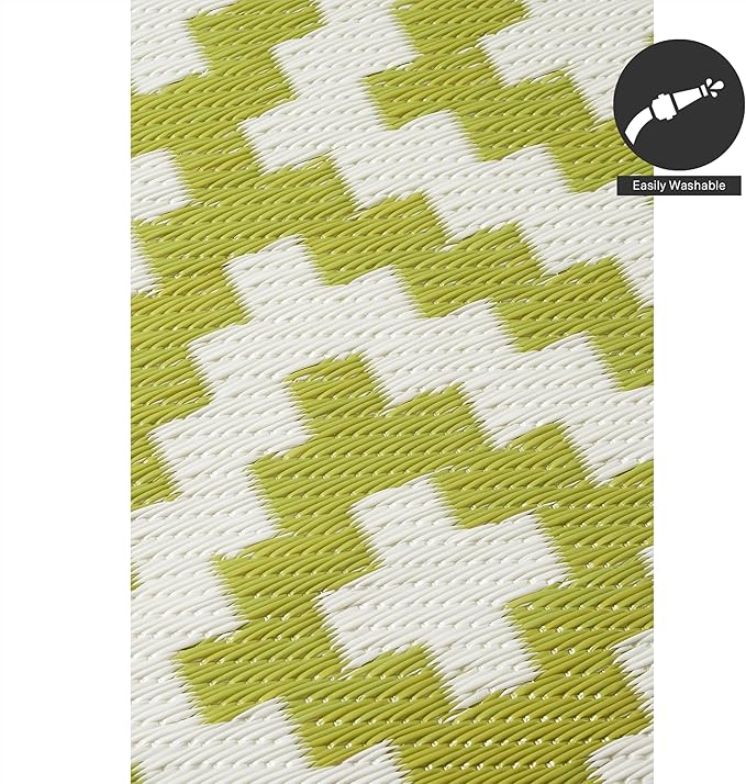 FH Home Outdoor Rug - Waterproof, Fade Resistant, Reversible - Premium Recycled Plastic - Geometric - Large Patio, Deck, Sunroom, Camping, RV - Aztec - Green & White Crease Free - 6 x 9 ft