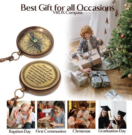 Trust in The Lord -Proverbs 3: 5-6 Quote Engraved Compass with Wooden Box, Baptism Gifts, Camping Compass, Catholic Inspirational Christian Religious Gifts for Men Women, 2025 Graduation Day Gifts