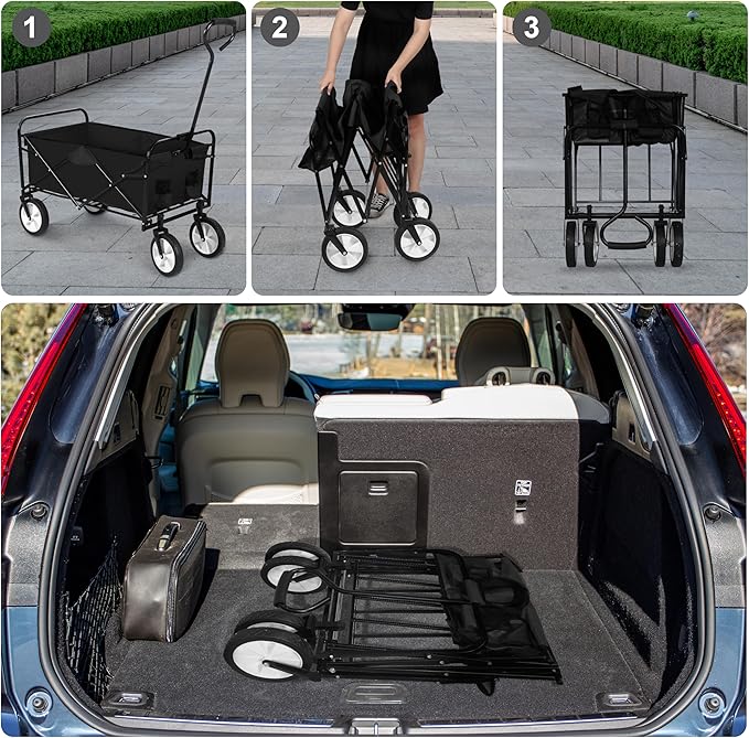 YSSOA Rolling Folding & Rolling Collapsible Garden Cart, Outdoor Camping Wagon Utility with 360 Degree Swivel Wheels & Adjustable Handle, Black 220lbs Weight Capacity Rolling Collapsible Garden Cart