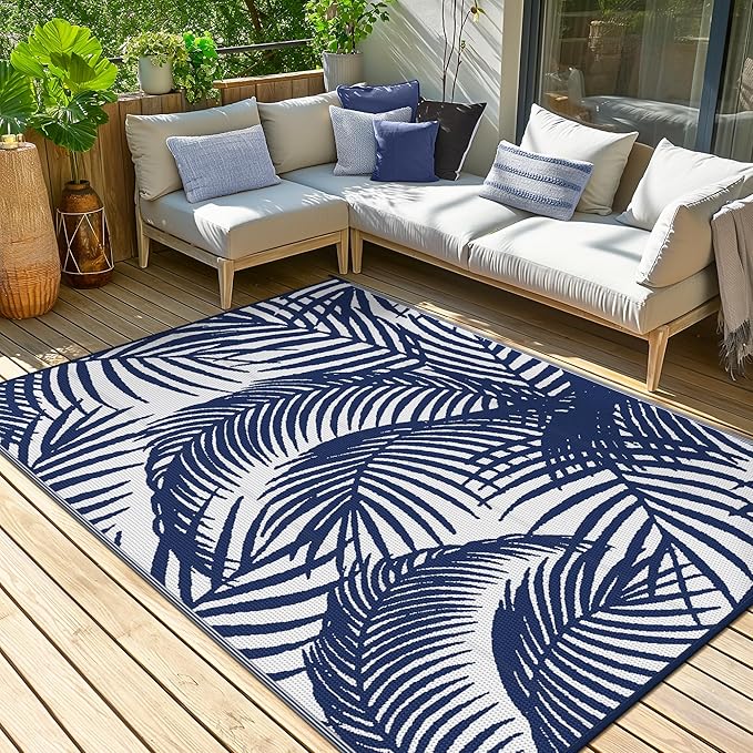 GENIMO Outdoor Rug 8' x 10' Waterproof for Patio Clearance, Reversible Plastic Straw Camping Carpet, Lightweight Mats for Rv, Backyard, Deck, Porch, Picnic, Beach, Balcony, Blue & White