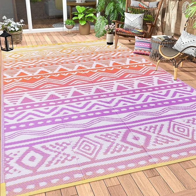 Lahome Outdoor Plastic Straw Rug, Reversible Outdoor Rug Waterproof 9x12 Rugs for Patio, RV Camping Rug Picnic Mat Outside Large Carpet for Beach Deck Backyard Balcony(Orange/Purple,9'x 12')