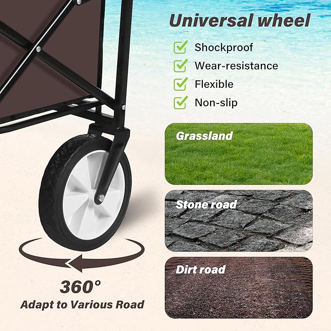 YSSOA Rolling Collapsible Garden Cart Camping Wagon, with 360 Degree Swivel Wheels & Adjustable Handle, 220lbs Weight Capacity,Brown