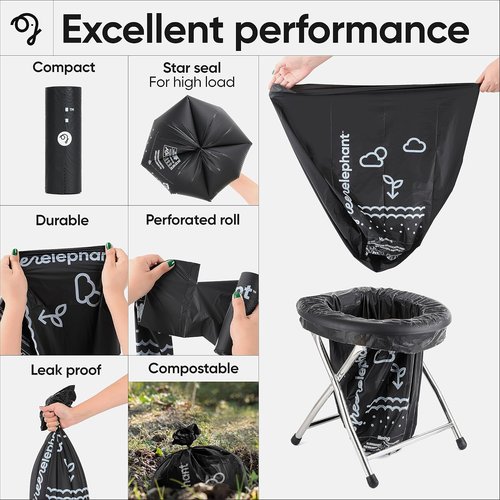 Green Elephant Portable Waste Bags – Camping Potty Liners, Biodegradable Sanitary Bags for 5 Gallon Bucket, Outdoor Use, 15 Count, 8 Gal (1 Pack)