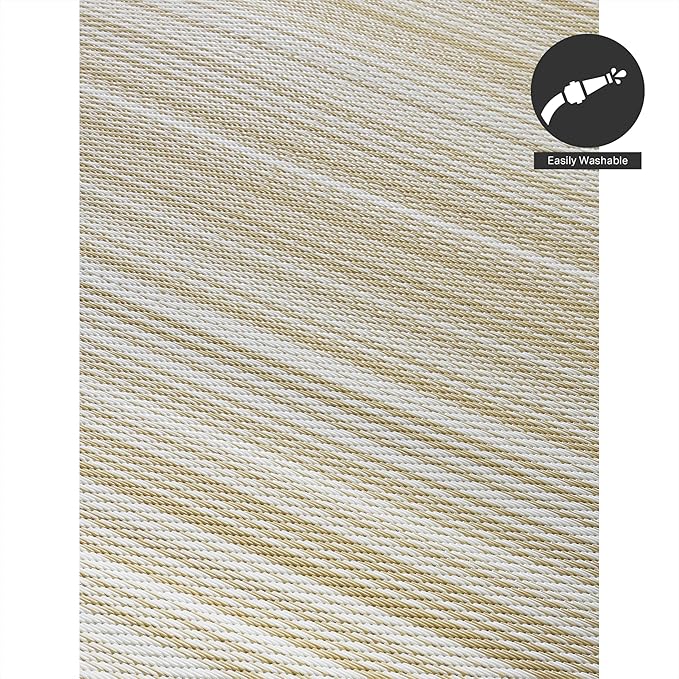 FH Home Outdoor Camping Rug - Waterproof, Fade Resistant, Reversible - Premium Recycled Plastic - Striped - Large Patio, Deck, Sunroom, RV - Havana - Beige - 9 x 18 ft Foldable