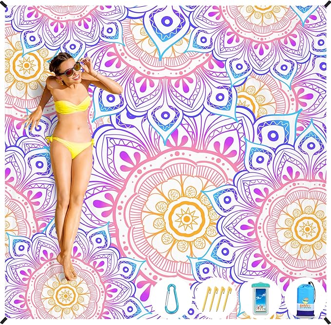 BYDOLL Beach Blanket Waterproof Sandproof 78''×110'' Suits1-7 Adults Compact Lightweight Oversized Sand-Free Blanket Large Picnic Mat for Beach Travel Camping Hiking
