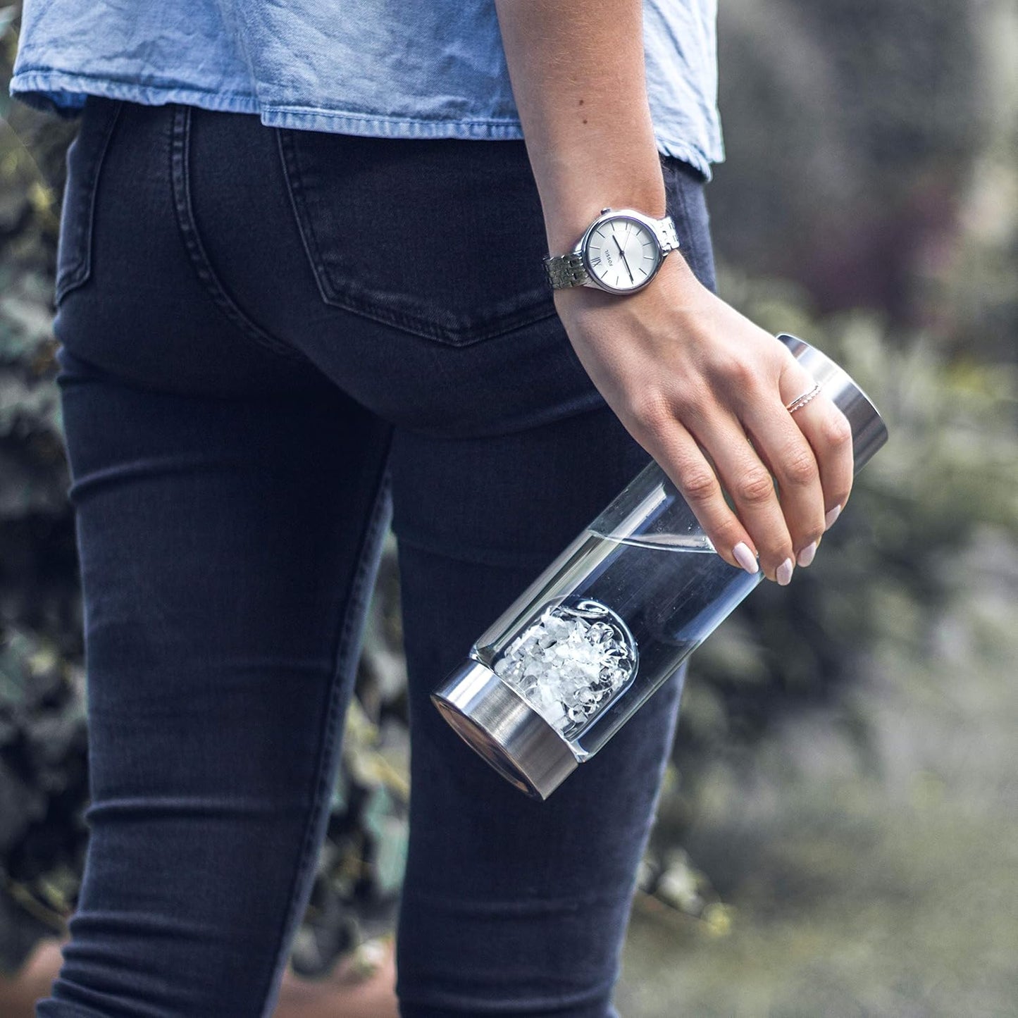 VitaJuwel ViA LUNA | Crystal Water Bottle with Rainbow Moonstone and Clear Quartz for Intuition, Empathy, Femininity