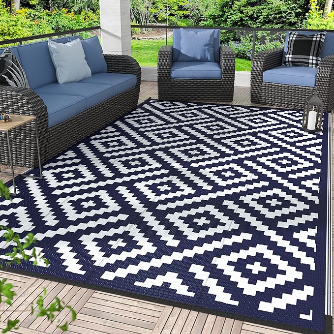 GENIMO Outdoor Rug for Patio Clearance,6'x9' Waterproof Mat,Reversible Plastic Camping Rugs,Rv,Deck,Porch,Camper,Balcony,Backyard (Navy Blue & White)
