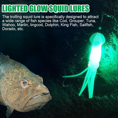 Saltwater Squid Fishing Lures,LED Fishing Lures Lighted Glow Squid Lure Jigs Soft Trolling Squid Lure Deep Drop Flashing Lights Offshore Lures for Halibut Lingcod Mackerel Tuna Striper