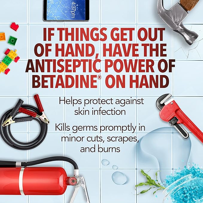 Betadine Antiseptic Liquid First Aid Solution, Povidone-Iodine 10%, Kills Germs in Minor Cuts Scrapes & Burns, No Sting Promise, No Alcohol or Hydrogen Peroxide, 8 FL OZ (Pack of 2)