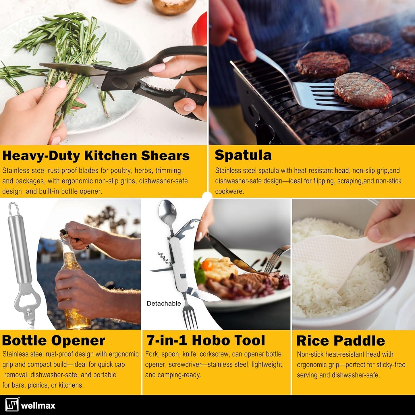 Wellmax 10-Piece Stainless Steel Camping Cooking Set – Compact All-in-One Cookware Kit with Utensils & Travel Bag for Campers, Hikers, Outdoor Adventures, Purple Camo Color