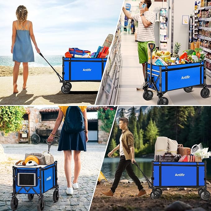 Collapsible Wagon Carts,Folding Wagon Cart with All Terrain Wheels,Heavy Duty Garden Carts with Adjustable Handle,Outdoor Utility Wagon for Camping Shopping Sports Fishing（Blue）