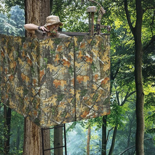 See Through Hunting Tree Stand Blind, Visible Ladder Stand Blind Kit for 2 Man Camouflage Treestand Blinds Cover with Zipper Storage Pocket Tree Stand Blind Accessories for Hunting Deer, 102×36 Inch