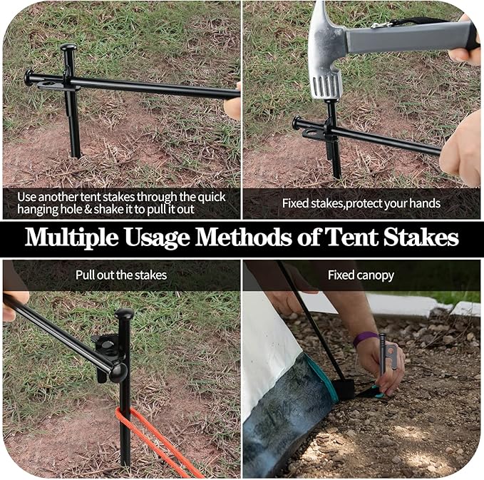 8pcs Tent Stakes and Hammer Set, 16in Heavy Duty Forged Steel Tent Stakes + Camping Hammer + Storage Pouch, Available in Rocky Place (8pcs 16in Stake+Hammer)