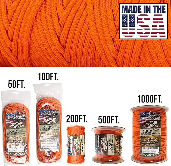 TOUGH-GRID Premium Neon Orange Paracord 550 lbs Made in USA Outdoor Survival Nylon Rope Tactical Heavy Duty Strands Parachute Cord Used by US Military Type III Mil-Spec