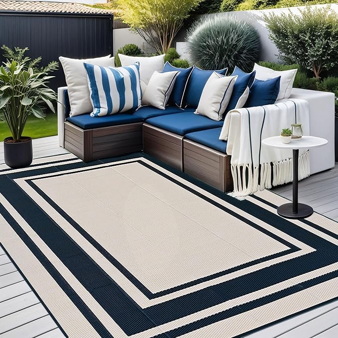 RURALITY Outdoor Rug 9x12 Waterproof for Patio Clearance,Large Plastic Straw Mat for Camping,Porch,RV,Reversible,Black and Beige