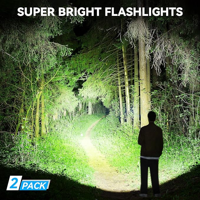 Rechargeable LED Flashlights High Lumens - 90,000 Lumens Super Bright Flashlights with 5 Modes, Waterproof Powerful Flash Light for Home, Camping(2 Pack) (Black)