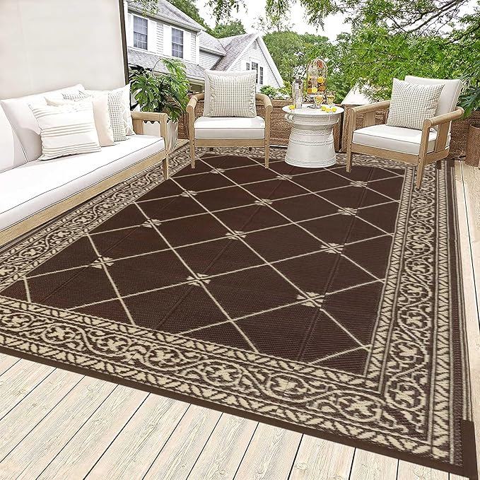 HiiARug Reversible Patio Floor Mat 5x8 Plastic Straw RV Camping Rug Reversible Large Mats for Outdoor, Patio, Backyard, Deck, Picnic, Beach, Trailer, Camping (Brown)