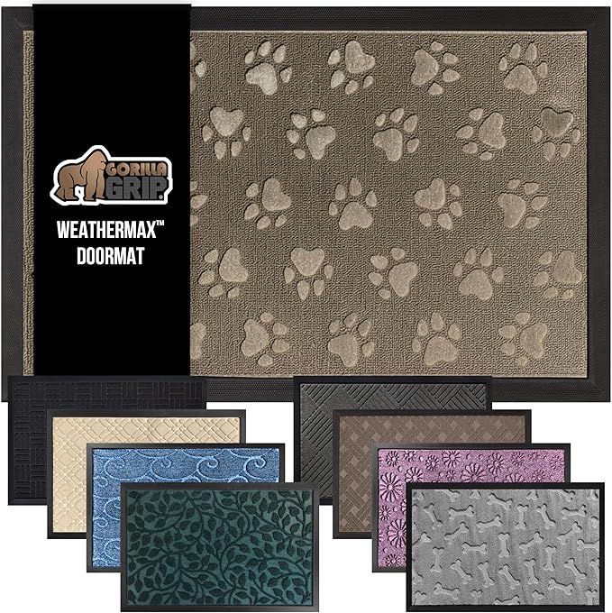 GORILLA GRIP 100% Waterproof All-Season WeatherMax Doormat, Durable Natural Rubber, Stain and Fade Resistant, Low Profile, Indoor Outdoor Doormats, Easy Clean Patio Entrance Mat, 17x29, Tan Pawprints