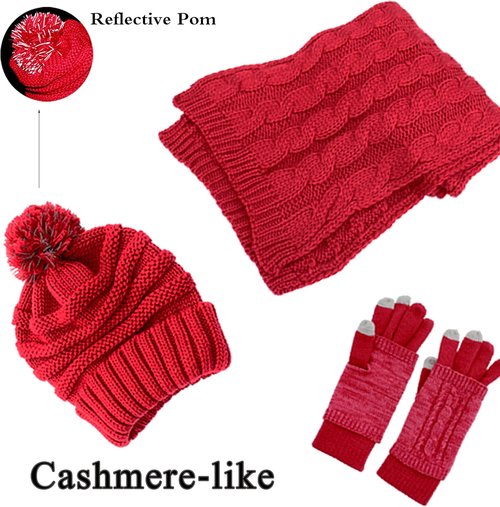Hat Scarf and Gloves Set for Women - Cable Knit Beanie with Pom, TouchScreen Gloves, Warm Winter Gift