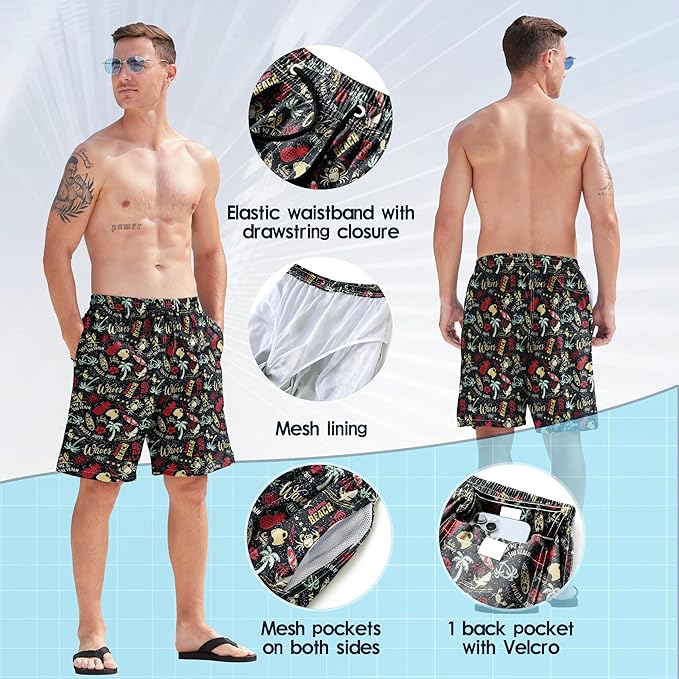 Mens Swim Trunks Quick Dry Board Shorts with Mesh Lining, Breathable Surf Beach Shorts Swimwear Bathing Suits