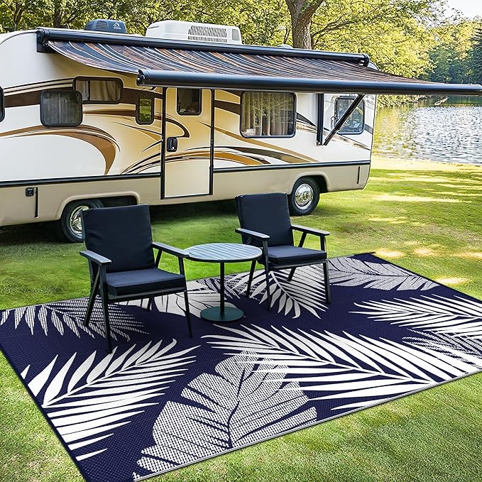 Outdoor Rug 9' x 12' for Patio Waterproof Clearance, Reversible Indoor Outdoor Plastic Straw Camping Rug Carpet, RV Mat, Large Area Rug for Deck, Backyard, Balcony, Porch, Navy Blue and White