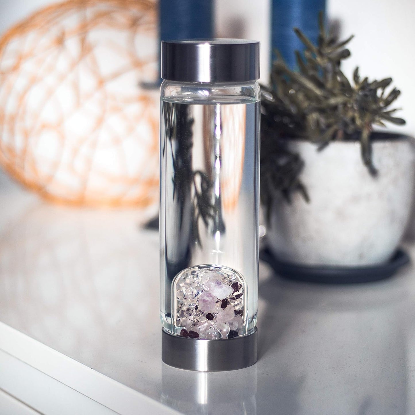 VitaJuwel ViA LUNA | Crystal Water Bottle with Rainbow Moonstone and Clear Quartz for Intuition, Empathy, Femininity