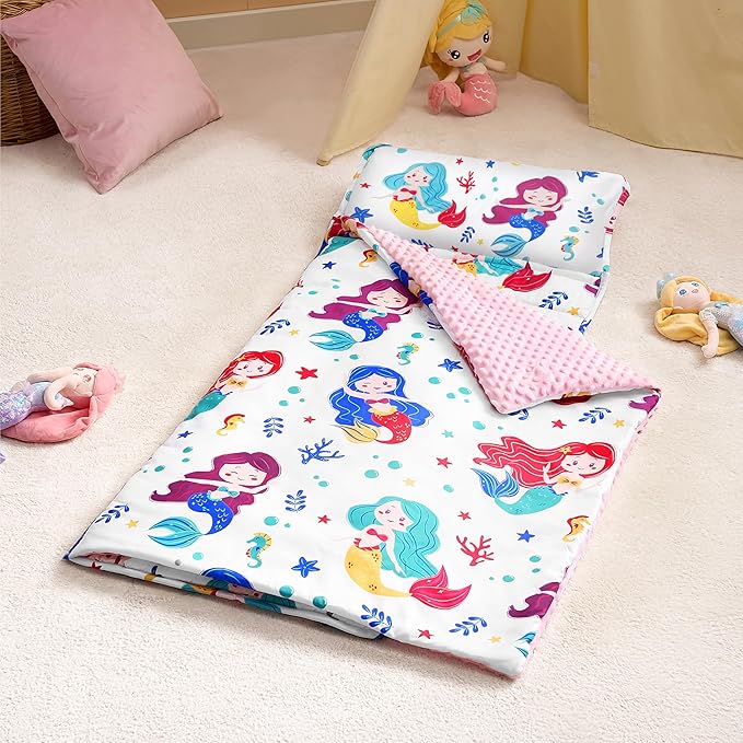 JOIEDOMI Toddler Nap Mat for Preschool 55''x30'' Sleeping Mat with Removable Pillow and Minky Blanket for Kids Ages 3-7 Roll Up Soft Kids Sleeping Bag for Boys Girls Kindergarten Daycare Sleepover