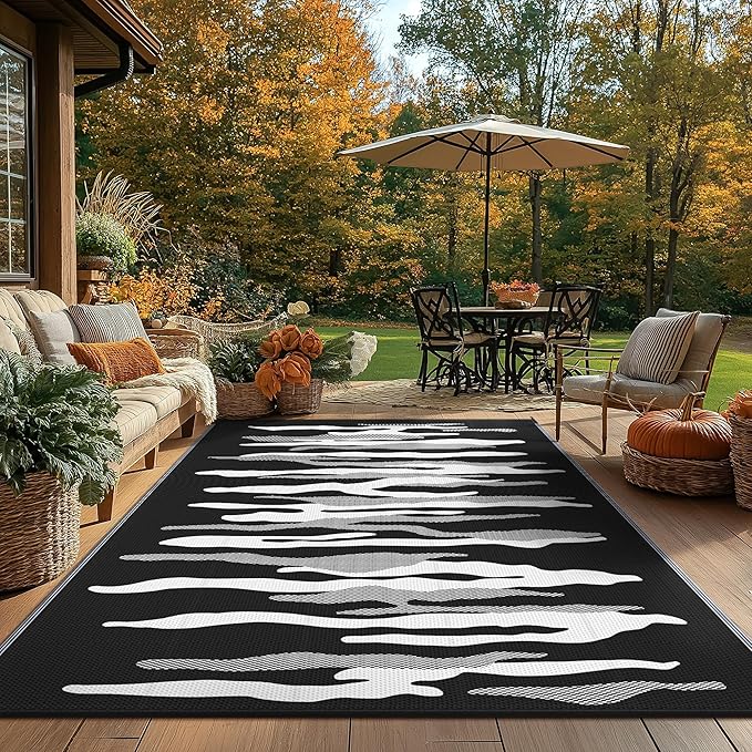 GENIMO Outdoor Rug for Patio Clearance, 6'x9' Waterproof Camping Mat, Reversible Plastic Straw Rugs for RV, Camper, Balcony, Backyard, Picnic, Deck (Black&White)