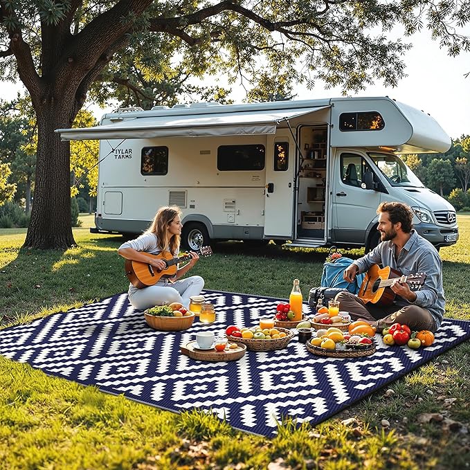 Outdoor Rug for Patio - Waterproof Plastic Straw Camping Rugs 8x10 ft, Reversible Outdoor Indoor RV Mat Carpet for Patio, Porch, Deck, Balcony, Picnic, Beach, Blue White