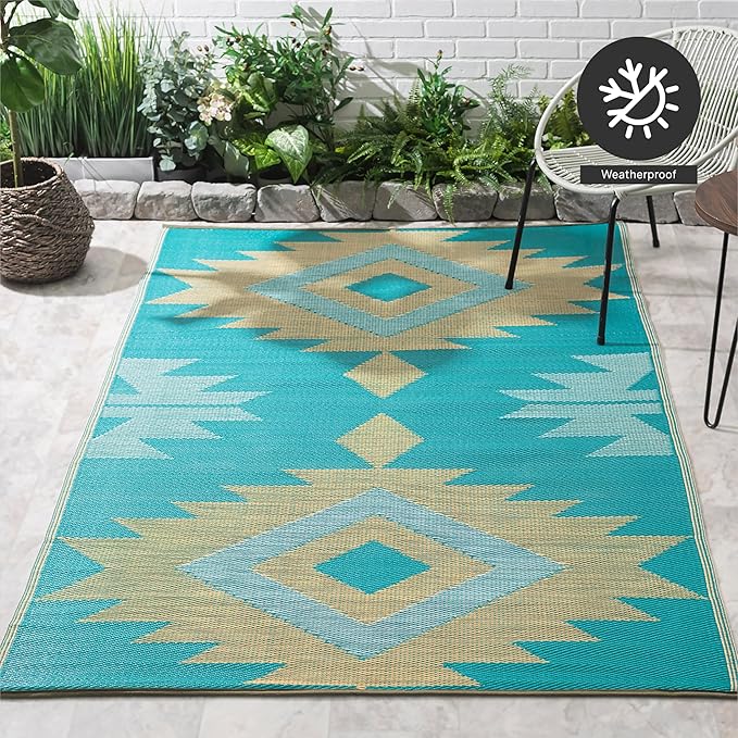FH Home Outdoor Rug - Waterproof, Fade Resistant, Reversible - Premium Recycled Plastic - Geometric - Porch, Deck, Balcony, Mudroom, Laundry Room, Patio - Bursa Kilim - Teal Crease Free - 3 x 5 ft