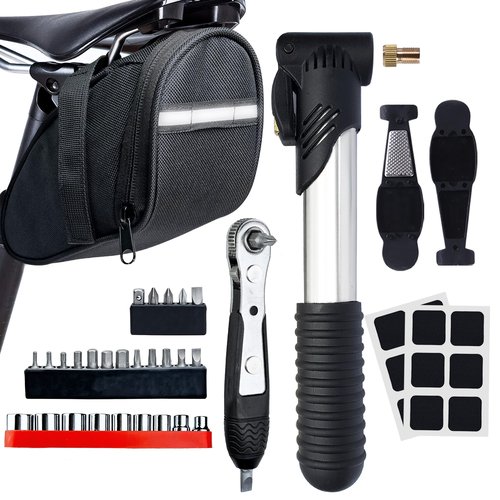 MASPODER Bike Tool Kit, Repair Kit Mini Ratchet Wrench with 26 Bits, Saddle Bag, Pump, Tire Lever Patches Bicycle Multitool Accessories Screwdriver Set for Adult Bikes Road Mountain MTB