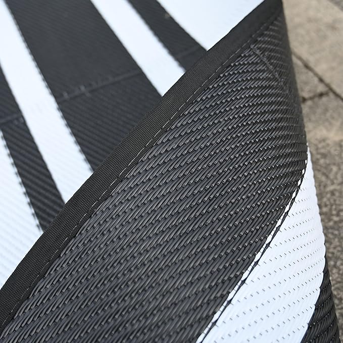 RURALITY Outdoor Rug 9x12 Waterproof for Patio Clearance,Large Plastic Straw Mat for Camping,Porch,RV,Reversible,Black and White