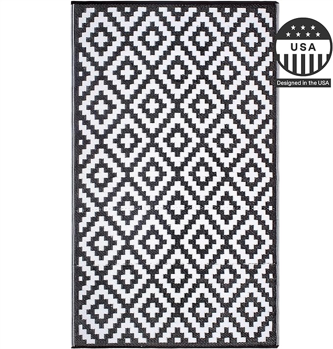 FH Home Outdoor Camping Rug - Waterproof, Fade Resistant, Reversible - Premium Recycled Plastic - Geometric - Patio, Deck, Sunroom, RV - Aztec - Black & White - 5 x 8 ft Foldable