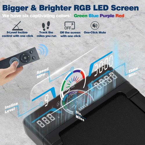 Walking Pad Treadmill with 12% 9-Level Auto Incline, 450 lbs Capacity RGB LED Screen, Bluetooth Speaker Under Desk Treadmill, Compact Treadmills for Home Hiking, Black