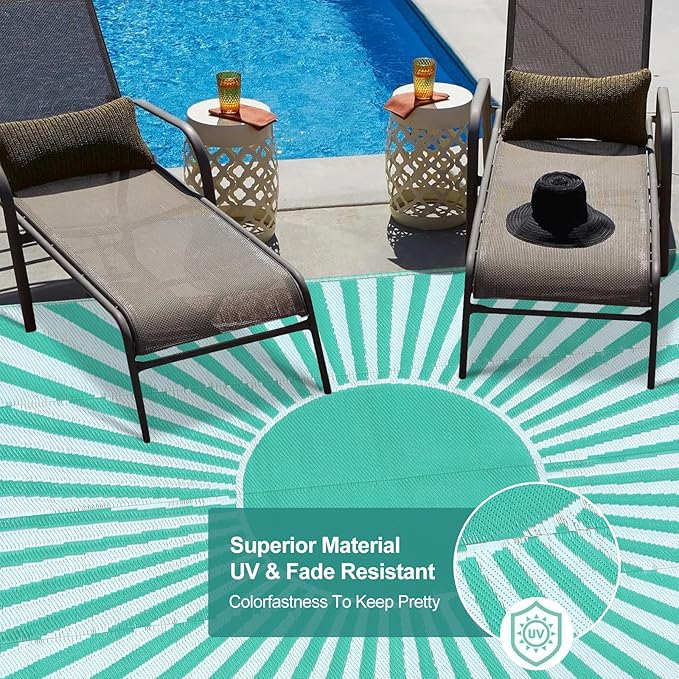 Wonnitar 5x8 Waterproof Outdoor Rug - Reversible Plastic Straw Patio Rug, Portable Outside Carpet for Camping, Indoor Outdoor Mat for Deck Backyard RV Garden Picnic (Blue-Green, 5'x8')