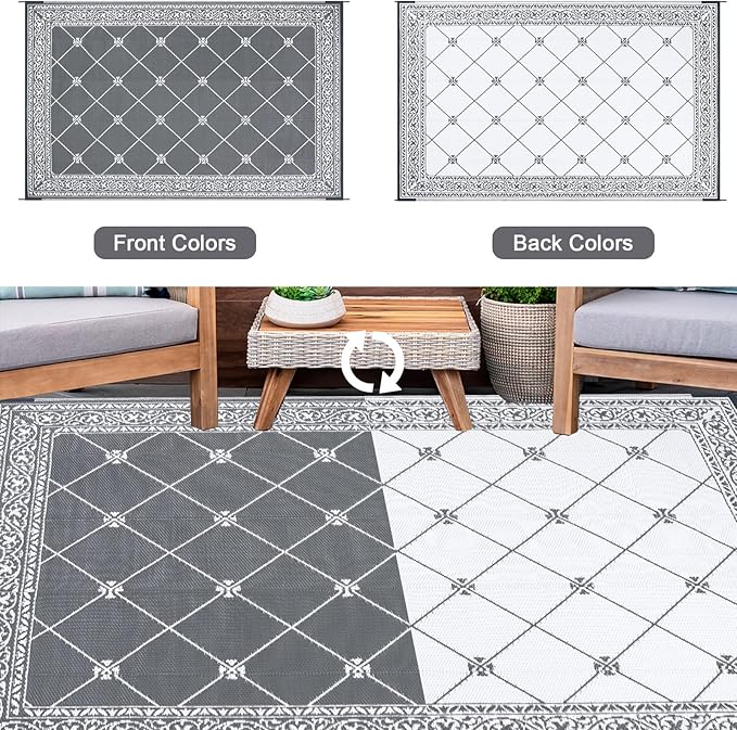 HiiARug Reversible Mat Plastic Outdoor Rugs for Patios Clearance Waterproof Plastic Straw Rug Large Area Rug for Outdoor, Porch, Patio, RV,Camping,5x7Ft, Grey