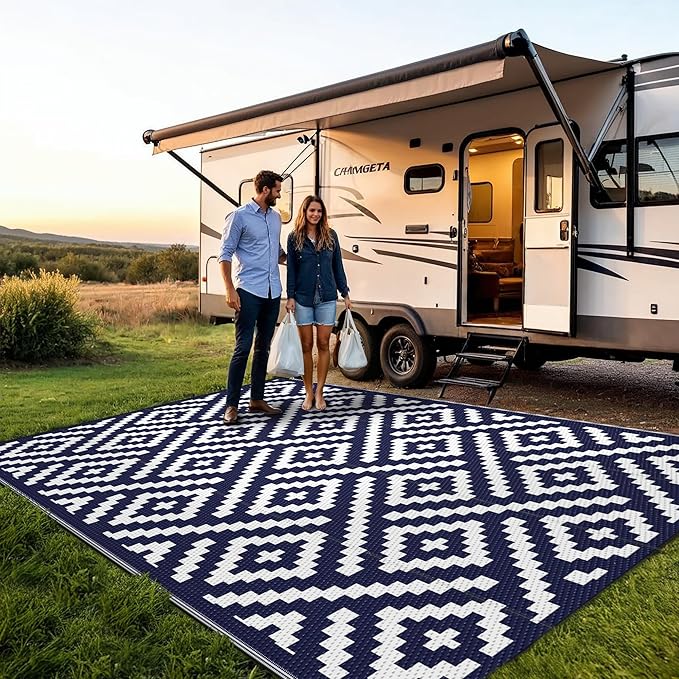 Outdoor Rug for Patio - Waterproof Plastic Straw Camping Rugs 8x10 ft, Reversible Outdoor Indoor RV Mat Carpet for Patio, Porch, Deck, Balcony, Picnic, Beach, Blue White