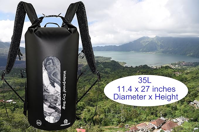 Waterproof Dry Bags Set of 3 - Dry Bag with 2 Zip Lock Seals, Waist Pouch & Phone Case - Can Be Submerged Into Water for Swimming, Kayak, Rafting & Boating (Window, Black, 35L)