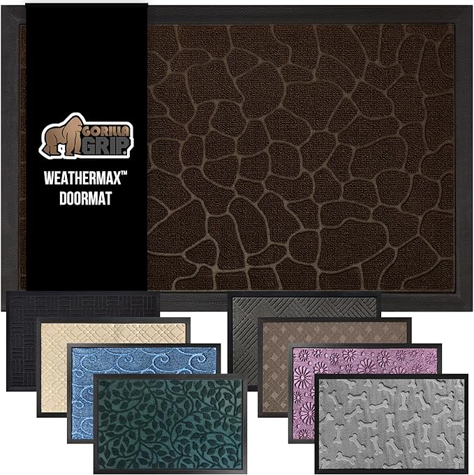 GORILLA GRIP 100% Waterproof All-Season WeatherMax Doormat, Durable Natural Rubber, Stain and Fade Resistant, Low Profile, Indoor Outdoor Door Mats, Easy Clean Entrance Mat, 17x29, Dark Brown Pebble