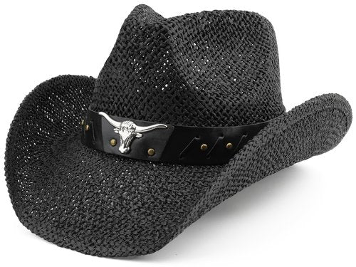 Melesh Straw Cowboy Hat for Women Men Sun Beach Western Cowgirl Hat (US, Alpha, One Size, Black -OX)