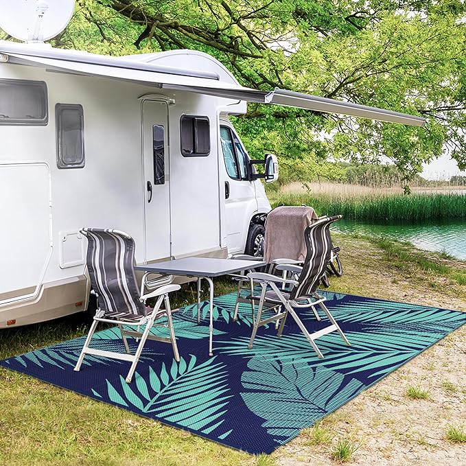 GENIMO Outdoor Rug 6' x 9' Waterproof for Patios Clearance, Reversible Outdoor Plastic Straw Camping Rug Carpet, Large Area Rugs Mats for RV, Camper, Deck, Balcony, Porch, Beach, Navy Blue&Jade Green