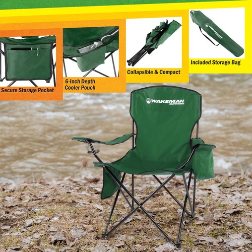Camping Chair - 300lb Capacity Folding Chair with Cupholder and Built-In Cooler - Oversized Heavy Duty Outdoor Camp or Beach Chair by Wakeman (Green)
