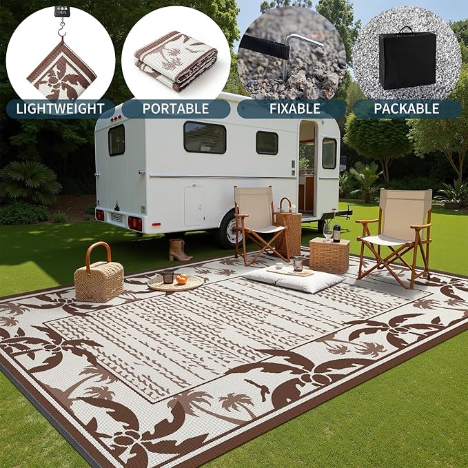COCOER Outdoor-Rug 8x10 ft Waterproof Reversible Outdoor Plastic Straw Rug RV Indoor Outdoor Carpet Quick Dry Patio Rug Camping Mat for Balcony Backyard Picnic Beach-Brown&Beige