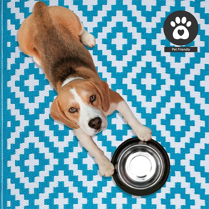 FH Home Outdoor Rug - Waterproof, Fade Resistant, Reversible - Premium Recycled Plastic - Geometric - Large Patio, Deck, Sunroom, Camping, RV - Aztec - Teal & White Crease Free - 6 x 9 ft