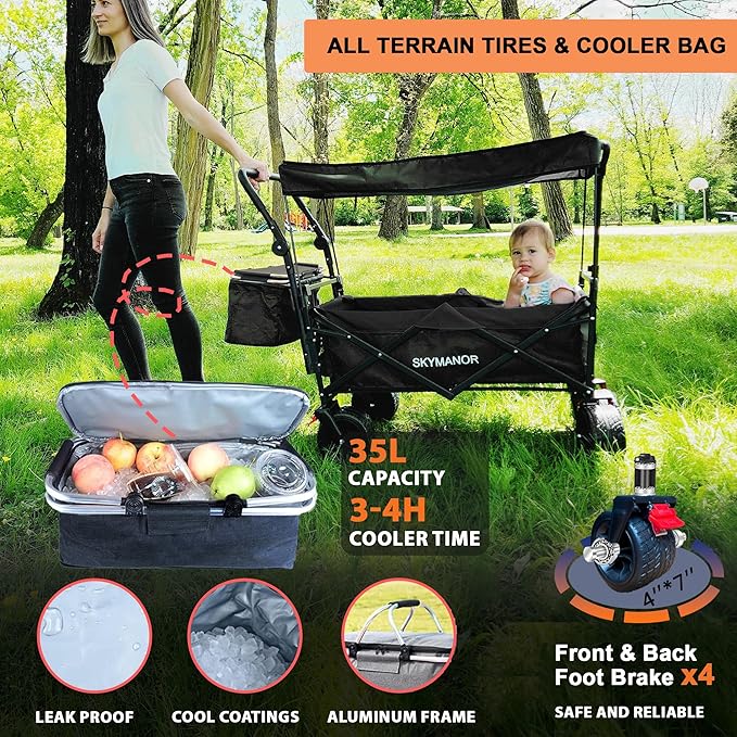 Collapsible Wagon Folding Garden Cart with Removable Canopy Utility Heavy Duty Wagon Cart with All-Terrain Wheel Storage 4 Brake for Camping Shopping (Upgraded Canopy-Gray-Blue Splicing)