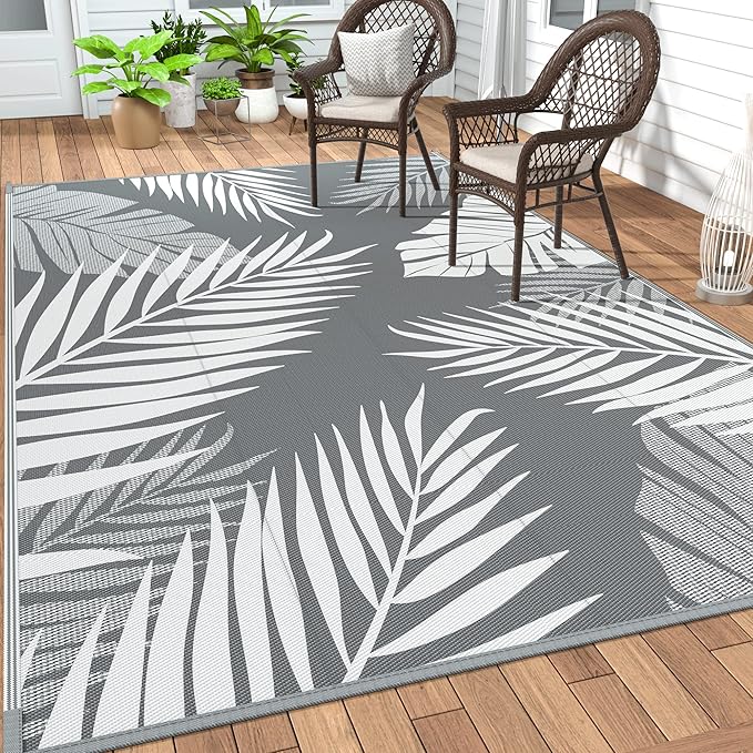 GENIMO Outdoor Rug 10' x 14' Waterproof for Patios Clearance, Reversible Outdoor Plastic Straw Camping Rug Carpet, Large Area Rugs Mats for RV, Camper, Deck, Balcony, Porch, Beach, Picnic, Grey&White