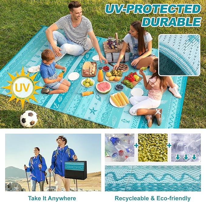 Lahome Outdoor Rug Waterproof, 5x8ft Reversible Outdoor Plastic Straw Rug for Camping, RV Patio Rugs Outside Carpet for Porch Deck Backyard Balcony Picnic(Blue/Multi,5'x 8')