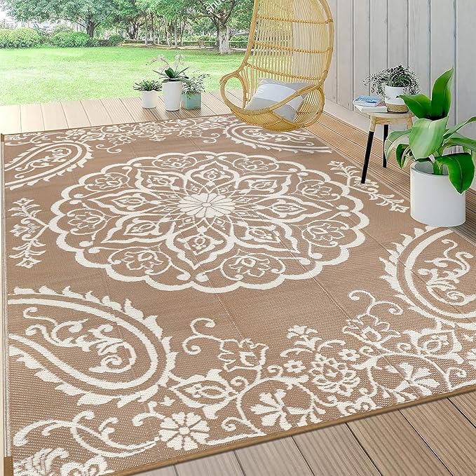 Pauwer Waterproof Outdoor Rug 6x9, Reversible Plastic Straw Patio Camping Rug, Indoor Outdoor RV Mat Carpet for Deck, Camper, Porch, Balcony, Backyard, Picnic, Boho Brown