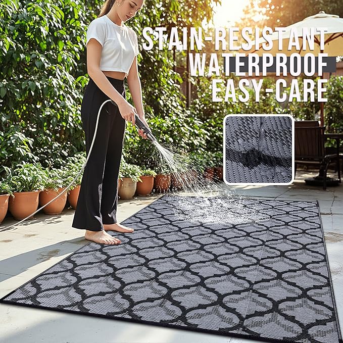 OLANLY Reversible Outdoor Rug 6x9 ft Clearance, Waterproof Outdoor Plastic Straw Rug with Interlacing Pattern, RV Mat for Patio, Camping, Balcony, Deck, Backyard, Black & Grey