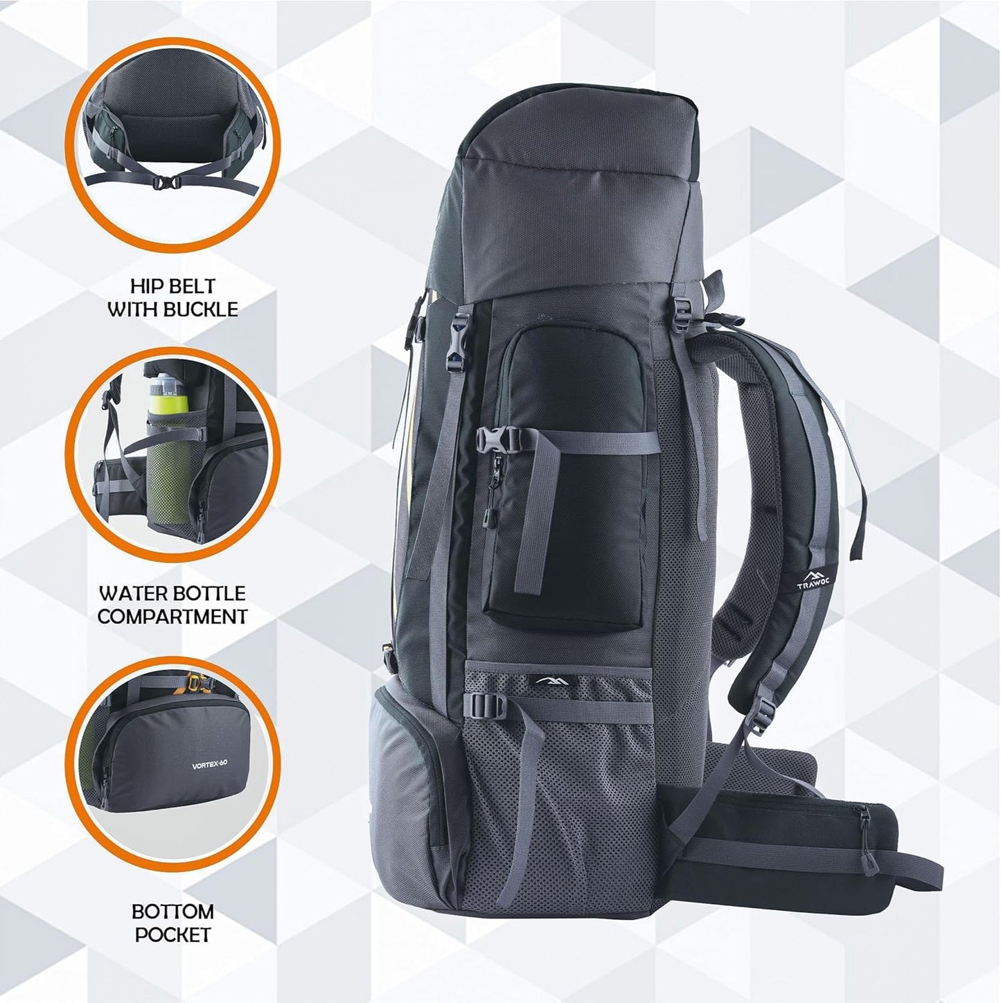 VORTEX 60L Travel Backpack - Hiking, Trekking Rucksack for Men & Women - HK004 - Black